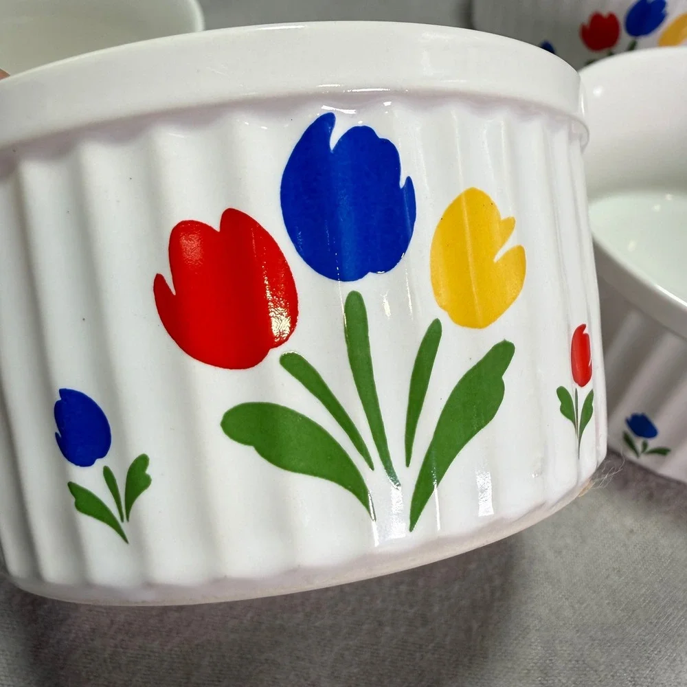 4 Tulip Tyme Ramekins Stoneware 80s VTG Floral Primary Colors Japan Fluted Edge